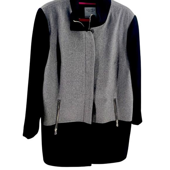 Nautica Women’s Color Block Black & Gray Wool Blend Longline Coat size 12 - Picture 1 of 8